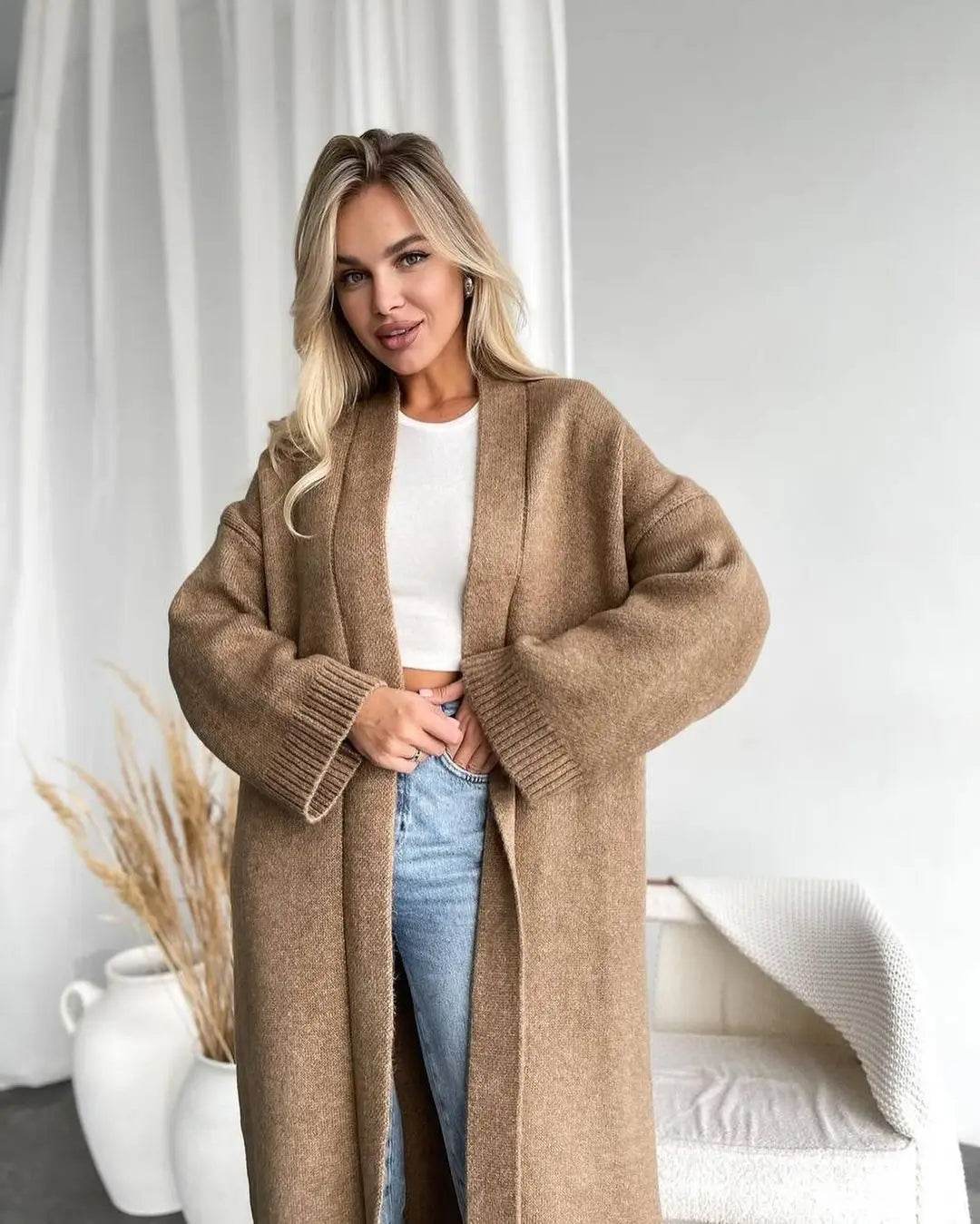 Women's Cardigan Wool Jacket Loose Retro Temperament Elegant Solid Color Collarless Knitted Long Sleeved Cardigan Jacket - AIAZ