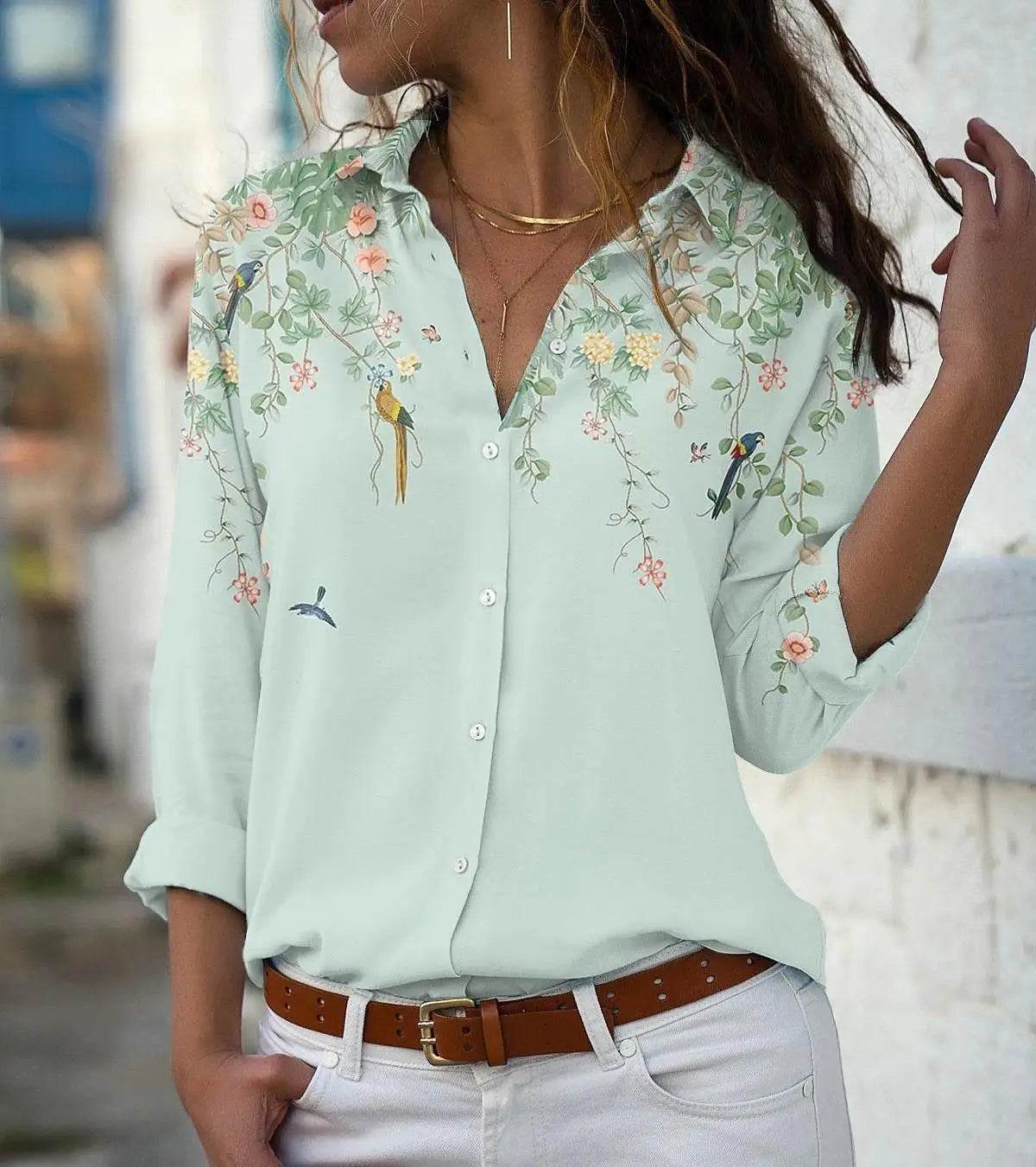 2025 Summer Women's Long Sleeve Top Fashion Comfort Printed T-Shirt Casual Loose Button Shirt for Female - AIAZ