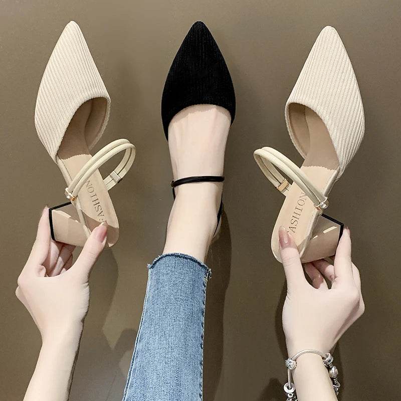 Korean Sle High Heel Sandals Women Summer Outdoor Wear Pointed Toe Double Wear Mules Cover Head f Slip Small Fraance Wind - AIAZ