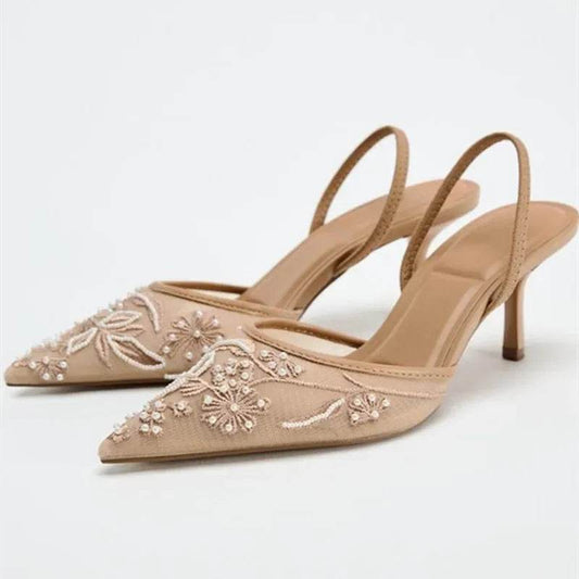 Mesh Embroidery Heeled Sandals Women Sexy Pointed Toe String Bead Slingback High Heels Summer Elegant Party Dress Designer Shoes - AIAZ