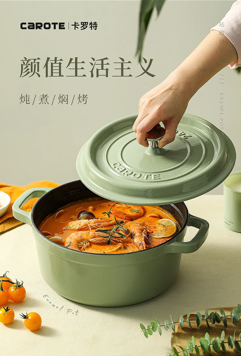 Matcha Green Enamel Cast Iron Pot, Porcelain Inner Wall, 22cm, 24cm Stock Pot, Induction Cooker Compatible, Reliable Pot