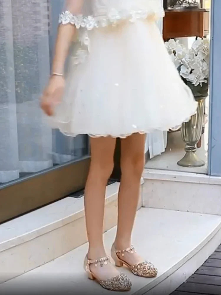 Heeled Dancing Shoes Due To Gold for Girls Glitter Shoes Heels Girls Princess Flowergirl Dresses Golden Girl Child Shoe for Wed