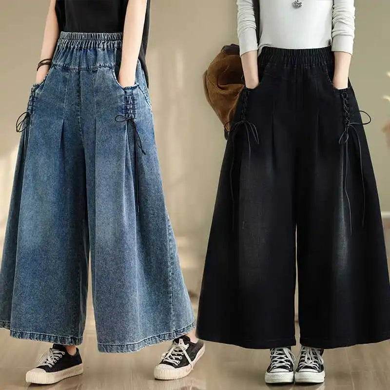 Denim Pant Women Jeans Wide Leg Long Pants A Line High Waist Straight Trousers Y2k Streetwear Casual Loose Mom Summer Club - AIAZ