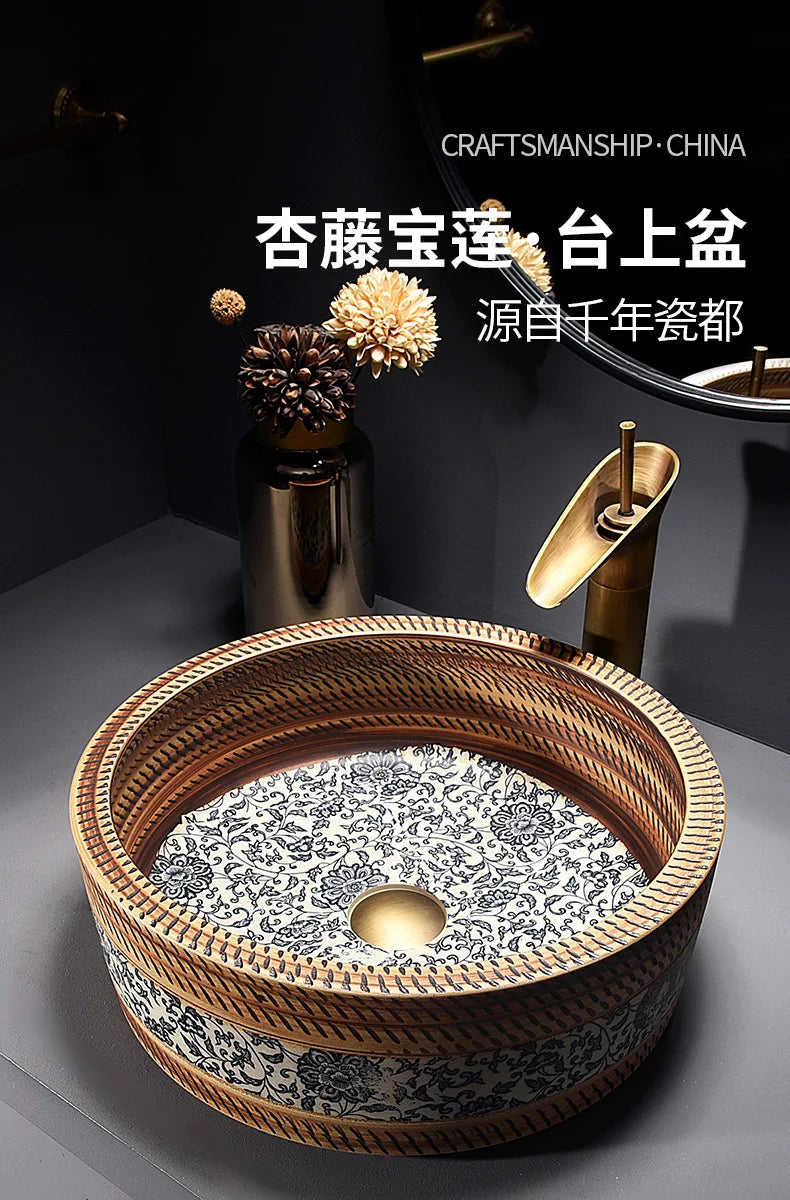 41*41*14cm European style Ceramic Washbasin Retro Printing Bathroom Sink Countertop Round Bowl Basin with Hardware Faucet Set