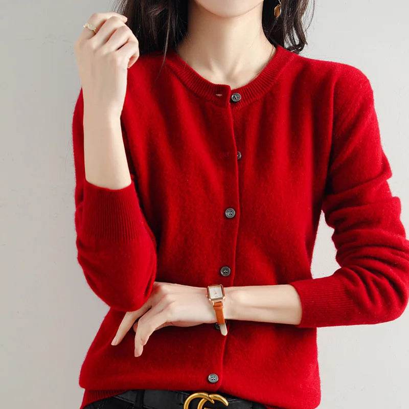 Knitted Cardigan Women's Sweater Autumn And Winter 2022 New Solid Color Coat Round Neck Short Long Sleeve Loose Korean Fashion - AIAZ