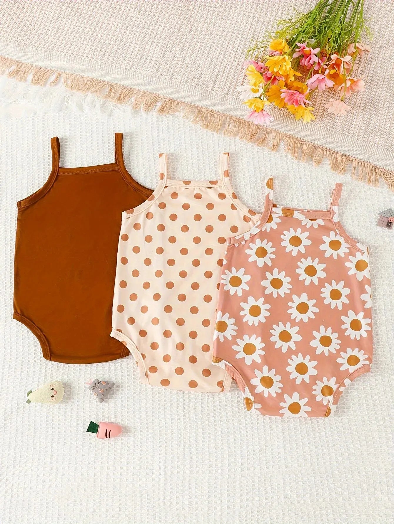 3Pairs/Lot Summer Baby Girl Newborn Baby Sling Onesie 3 Pieces Cute Polka Dot Flower Pattern Cool Breathable Comfortable Onesie