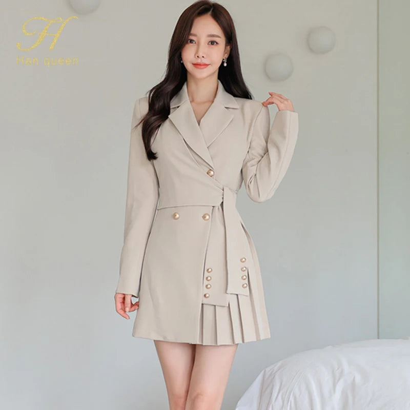 H Han Queen Autumn Winter Dresses Korean Lace-Up Professional Jacket Vestido Elegant Fashion Slim Office Party Casual Dress