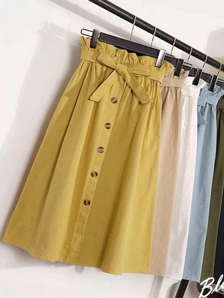 Summer Autumn Skirts Womens Midi Knee Length Korean Elegant Button High Waist Skirt Female Pleated School Skirt - AIAZ