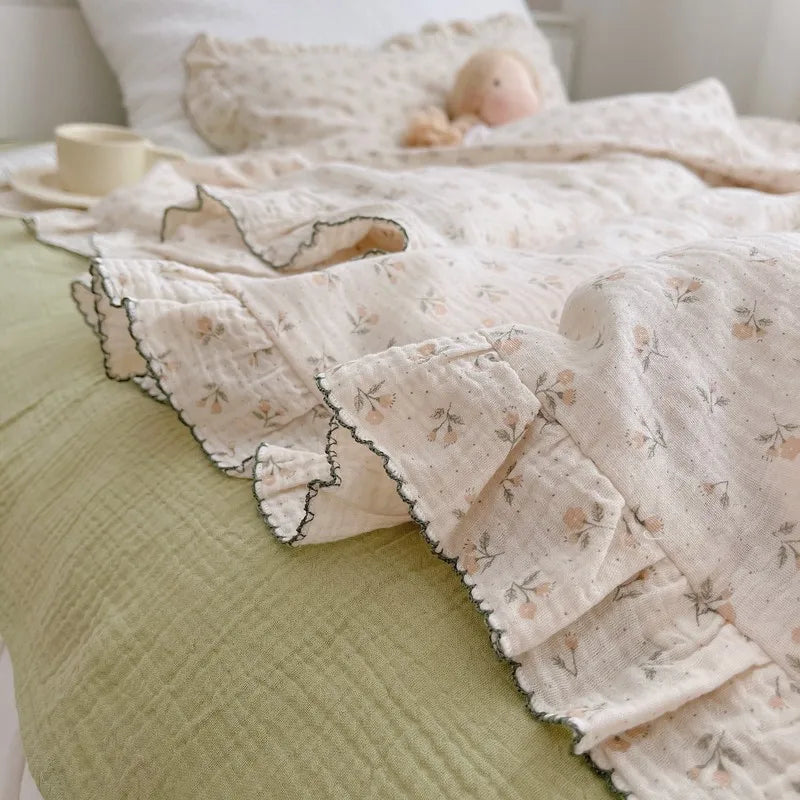 Korean Vintage Floral Printed Ruffled Cotton Baby Duvet Cover Kids Children Infant Cot Crib Duvet Covers Quilt Cover Bedding