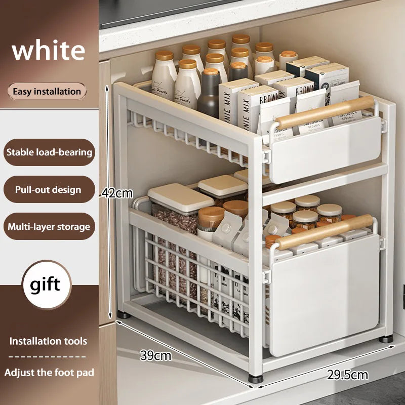 Under Sink Storage Rack Pull out Cabinet Organizer Kitchen Sliding Drawer Storage Basket Handle Bowl Plate Rack Holder Shelves