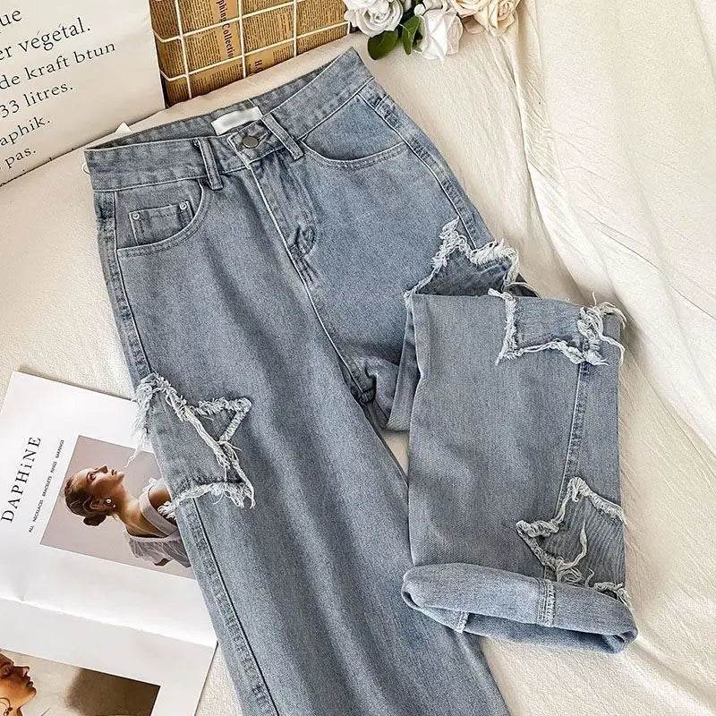 Denim Popular Ins Fashion Korean WIth Star Spring Autumn New High Waist Straight Leg Loose Fitting Jeans - AIAZ