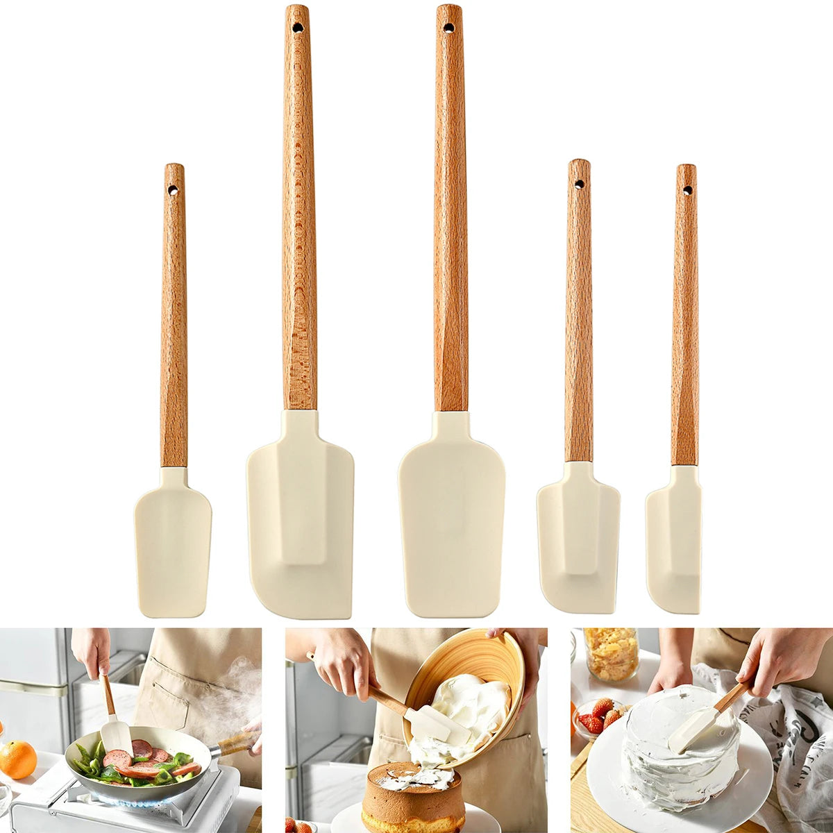 5pcs Wooden Handle Silicone Scrapers Set High Temperature Resistant Cream Cake Spatula Baking Scraper Shovel Kitchen Bakeware