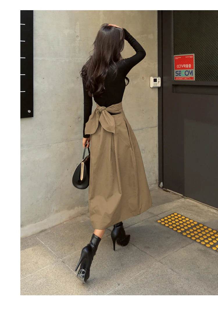 Skirts Womens Korean Fashion Solid Color Big Swing Ladies Skirt Long Skirt 2025 Autumn Wild High Waist Bow Slim Skirts - AIAZ