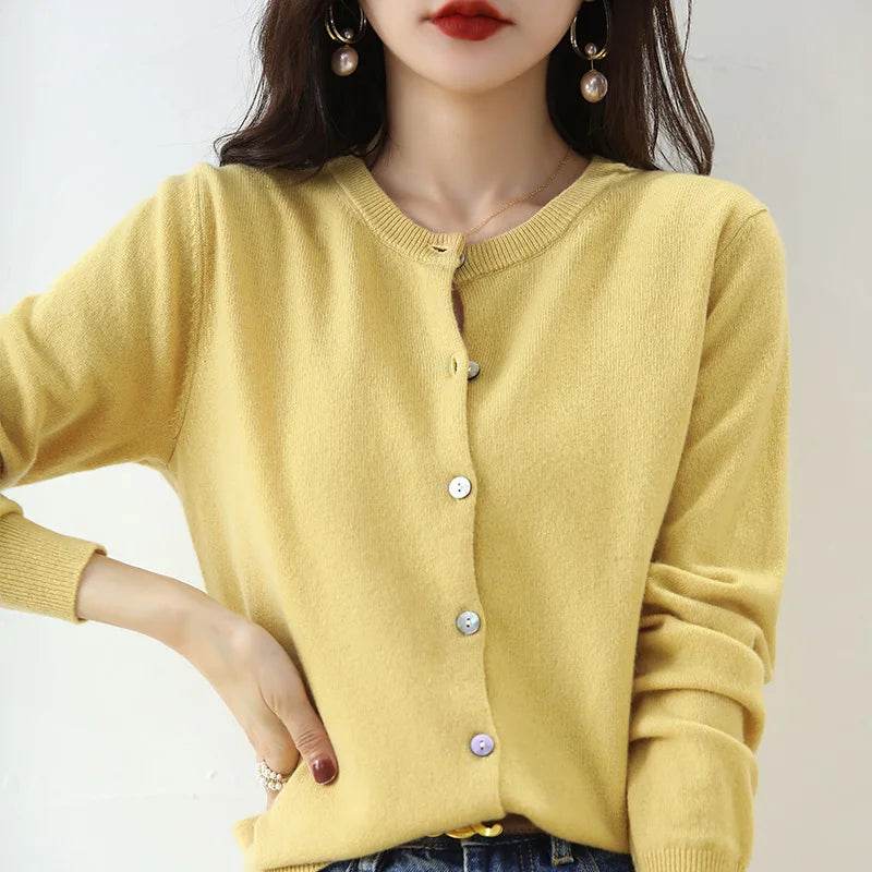 Knitted Cardigan Women's Sweater Autumn And Winter 2022 New Solid Color Coat Round Neck Short Long Sleeve Loose Korean Fashion - AIAZ