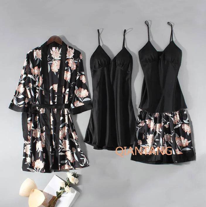 Pajamas Set Women Sleepwear Casual Satin Robe Suit Nightwear Lounge Wear V-neck Soft Pyjamas Kimono Bathrobe Gown Lingerie - AIAZ