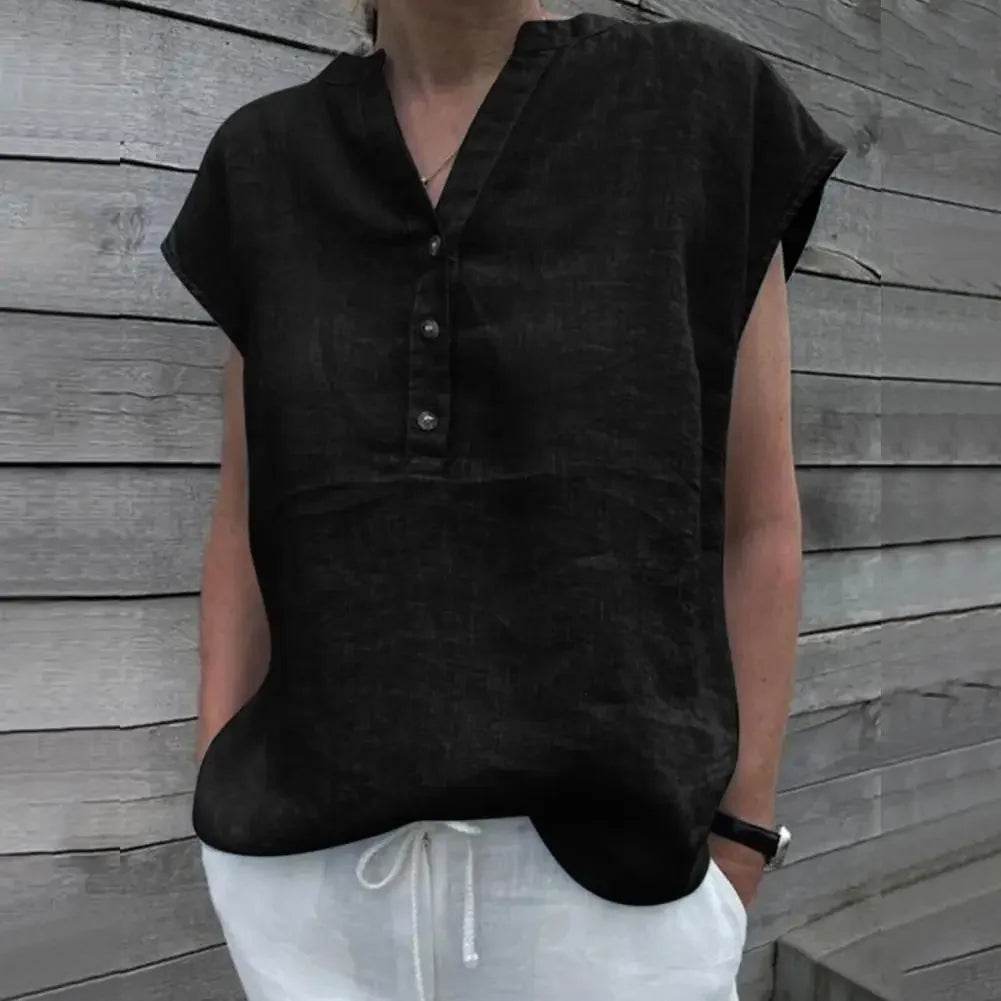 Women T-shirt Cotton Linen Summer Blouse Solid Color Simple Short Sleeve V Neck Quick Dry Daily Clothes Ropa Mujer Blusas - AIAZ