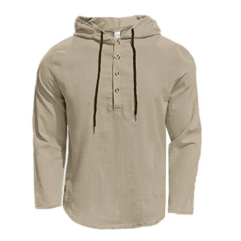 24 New cotton and linen shirts hooded loose large size casual sweater long sleeve hoodie men - AIAZ