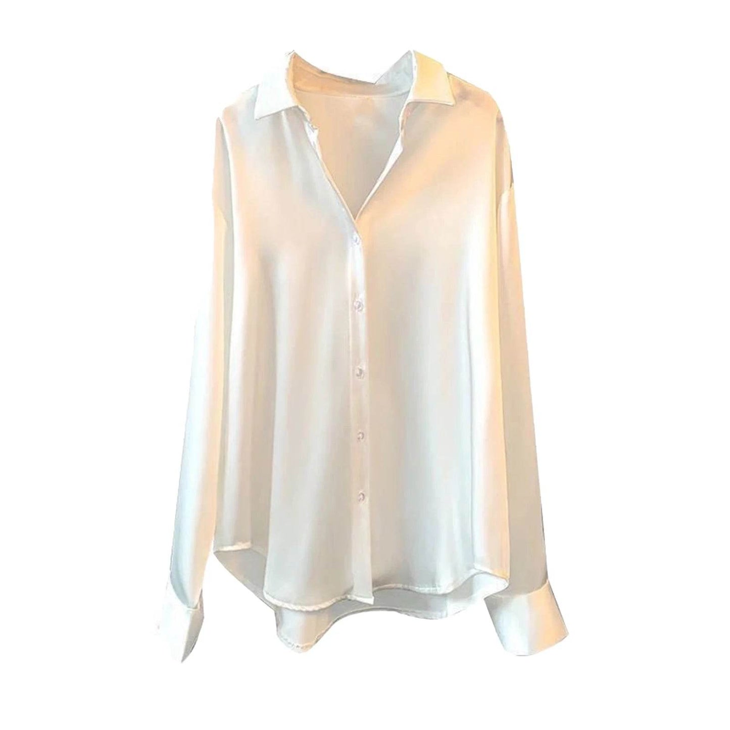 Soft Business Shirt Elegant Silky Satin Women's Spring Fall Blouse with Turn-down Collar Long Sleeve Single-breasted for Formal - AIAZ