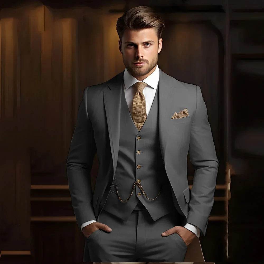 Formal Men's Suits for Groom 3 Pieces Khaki Wedding Groom Tuxedo Slim Fit 2025 Male Fashion Suit Jacket with Pants Vest - AIAZ