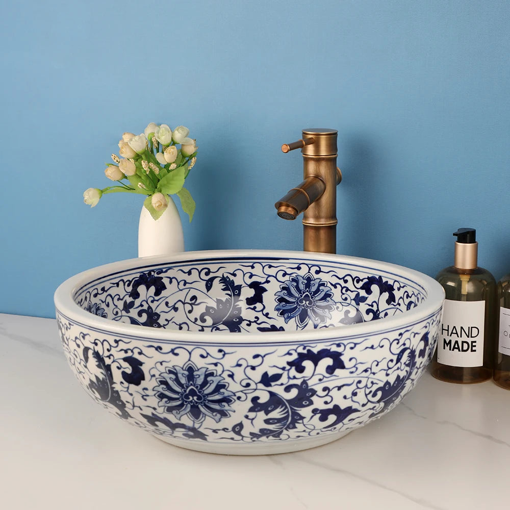 ZAPPO Jindezhen Ceramic Bathroom Vessel Sink Faucet Combo Round Washbasin Sinks for Bathroom Basin Sink Bowl with Mixer Tap