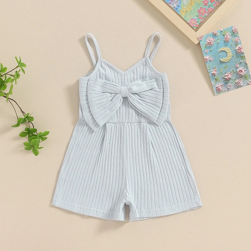 Pudcoco Infant Kids Baby Girl Ribbed Jumpsuit Summer Cute Bow Sleeveless Romper Shorts for Newborn Toddler Cute Clothes 6M-4T