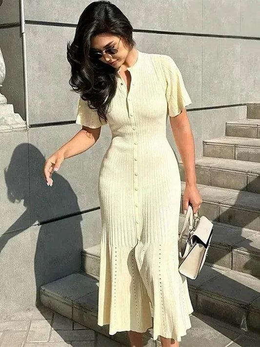 Elegant Knit Dress For Women White Slim O-neck Single Breasted Short Sleeve Long Dresses Female 2025 Spring Fashion Lady Robe - AIAZ