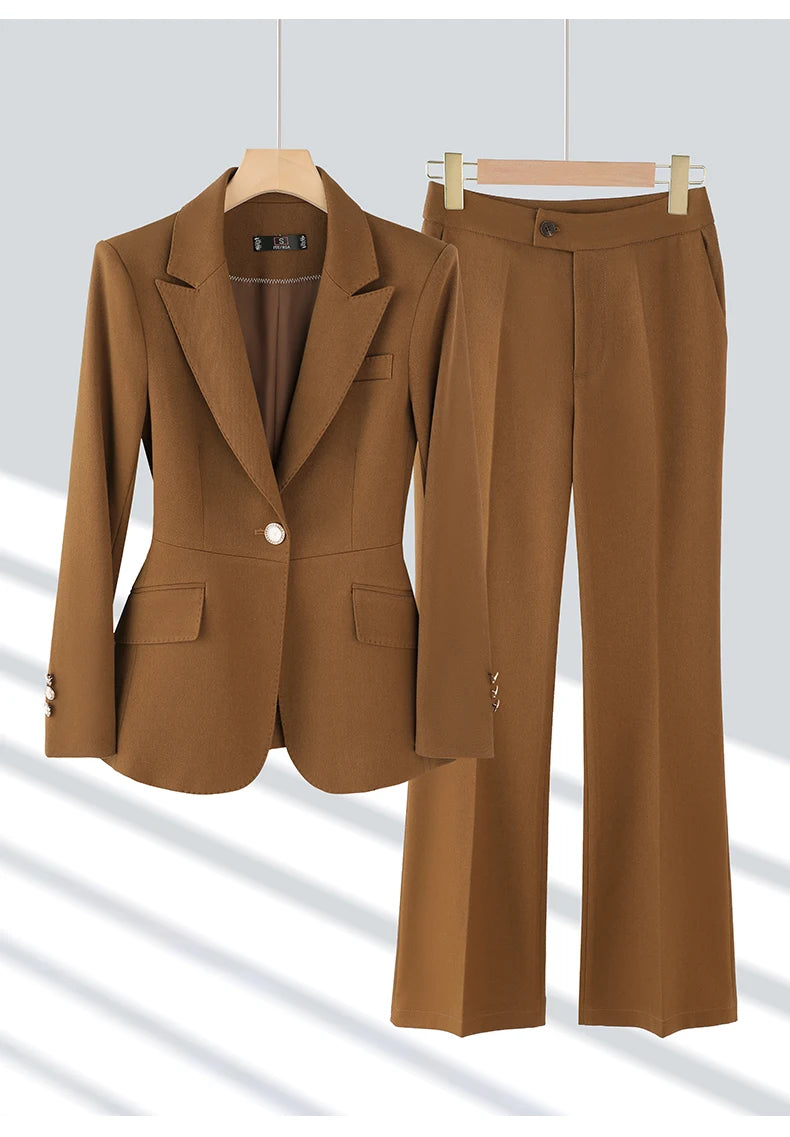 NAVIU High End Pant Suit Brown Solid Office Ladies Female Business Work Wear 2 Piece Set Formal Blazer Jacket And Trouser