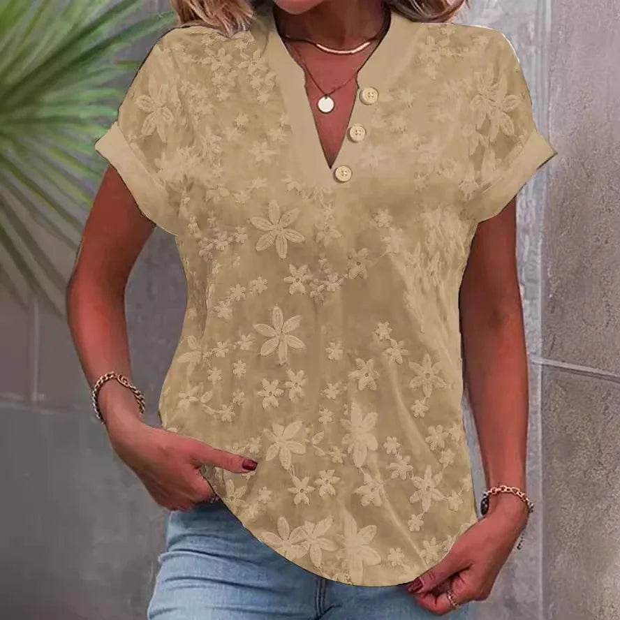 Women Shirt Pullover Solid Blouses Spliced V Neck Shirts Casual Summer 2024 Loose Fit Slight Strech Button Basics Embroidery - AIAZ