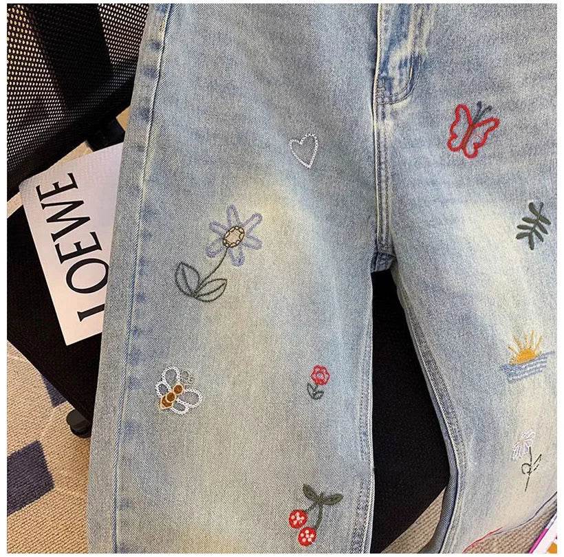 Vintage Embroidered Jeans Trousers For Women Summer 2025 New Korean Fashion High Waist Straight Retro Casual Denim Pants - AIAZ