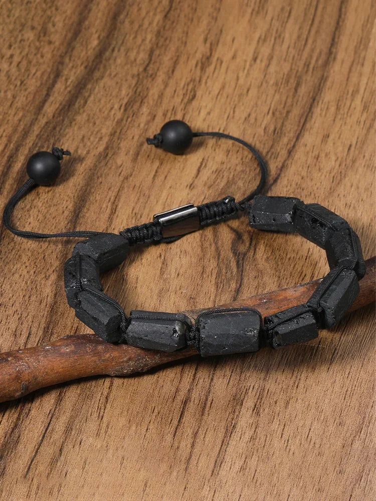 Classic Men's Braided Rope Bracelet Irregular Natural Stone Black Tourmaline Bracelet Balance Healing Energy Bracelet Jewelry