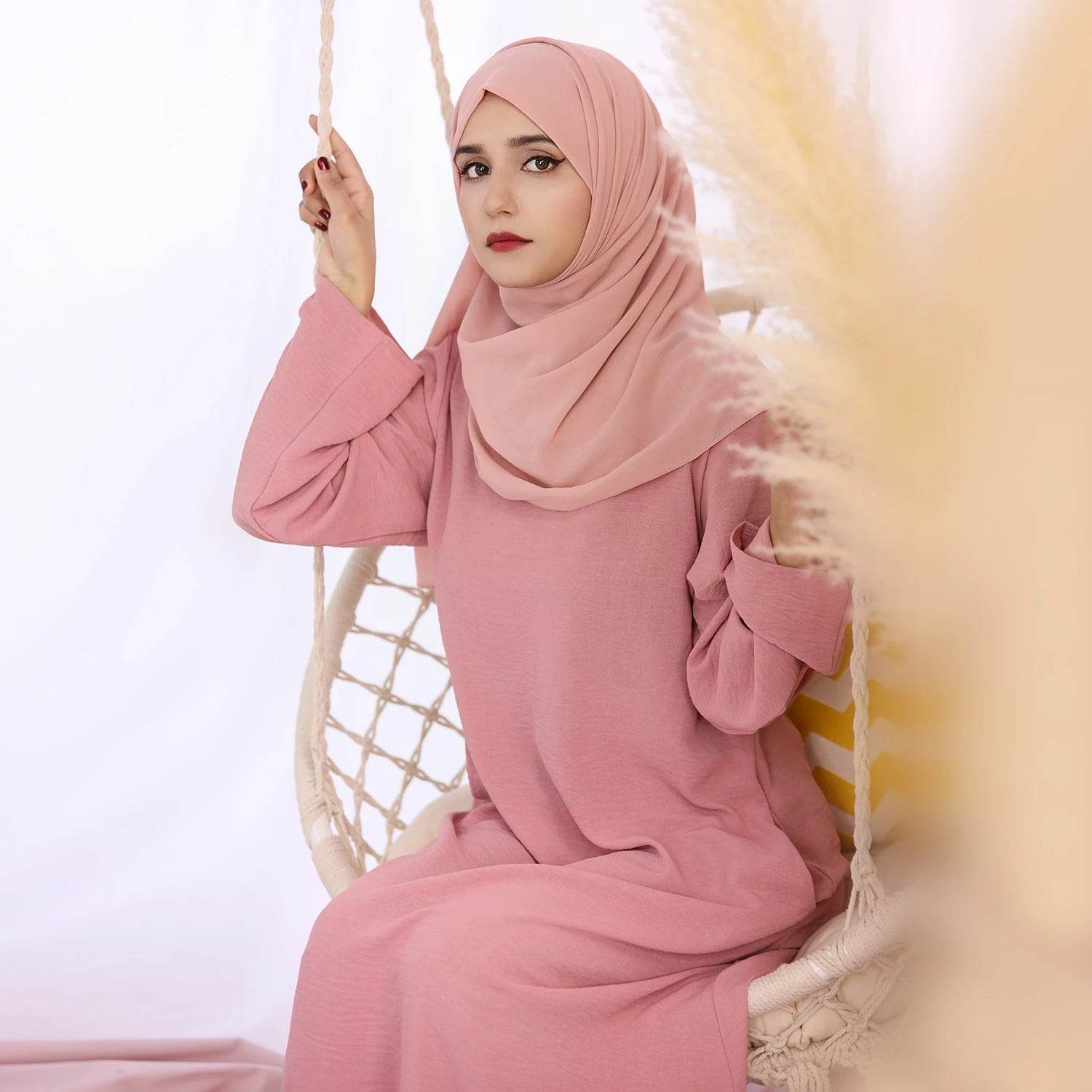 2025 Fashion Simple Muslim Dress Solid Abaya Arab Turkey Dubai Kaftan Modest Long Sleeve Maxi Dress Islamic Clothing LR593 - AIAZ