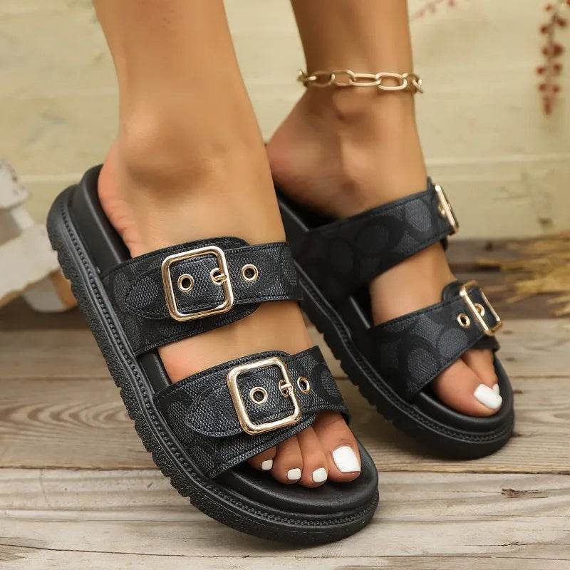 Fashion Thick-soled Metal Buckle Designer Slippers Women's Home Soft-soled EVA Sandals Women's Summer Non-slip Beach Flip-flops - AIAZ