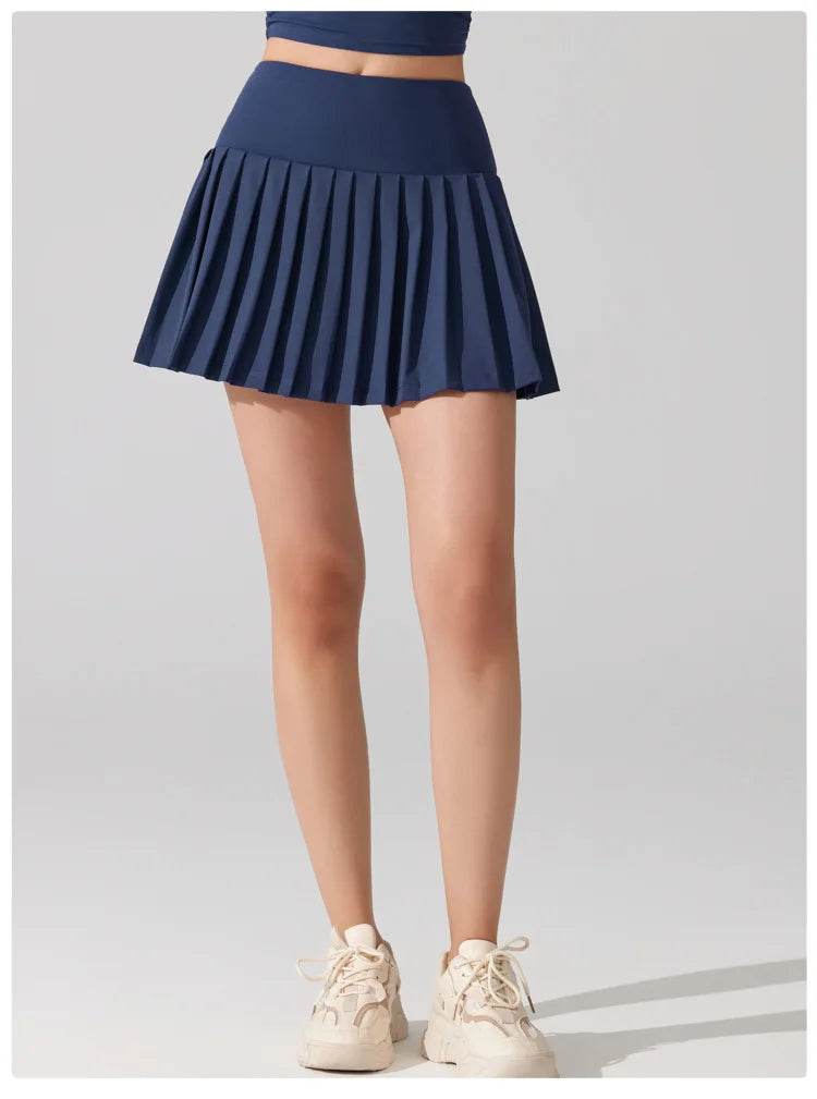 Women Summer Tennis Skirt Solid Color Pleated 2 In 1 Running Skirt Breathable Quick Dry Pocket Badminton Skirt Short Sportswear - AIAZ