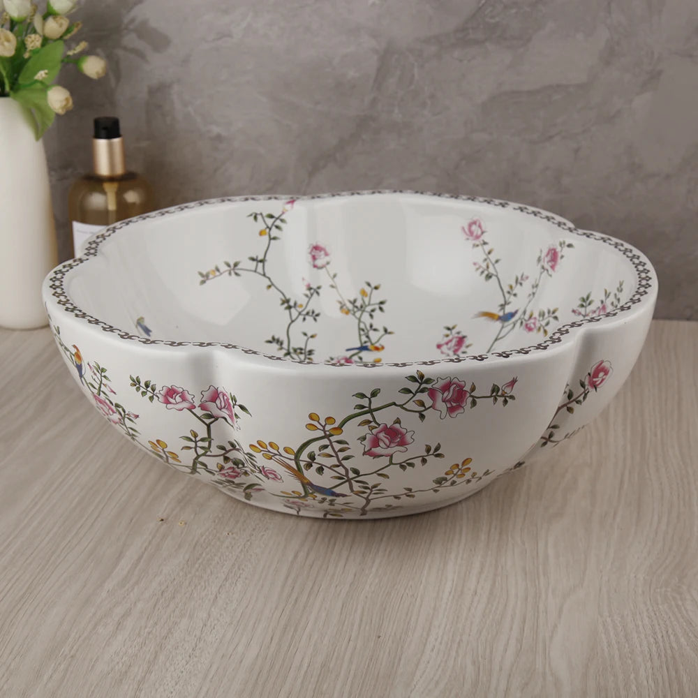 ZAPPO Above Counter Ceramic Vessel Sink For Bathroom Round Petal Shaped Flower & Bird Pattern Wash Basin Bowl Sinks With Faucet