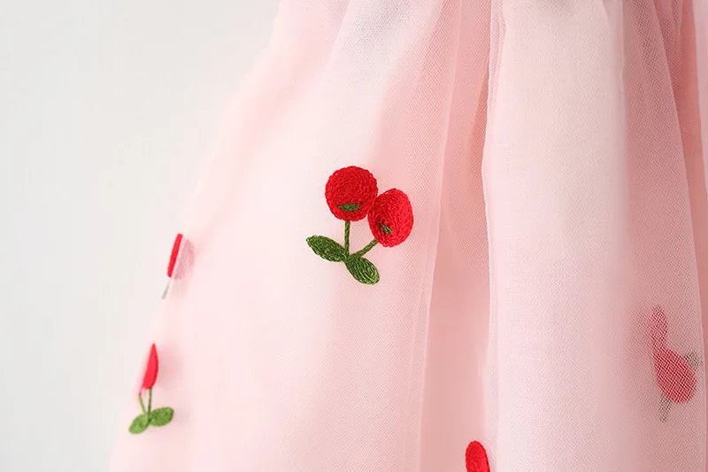 Summer Girl Dress Denim Fly Sleeved Bow Cute Cherry Colored Mesh Princess Dress Suitable for Babies Aged 0-3