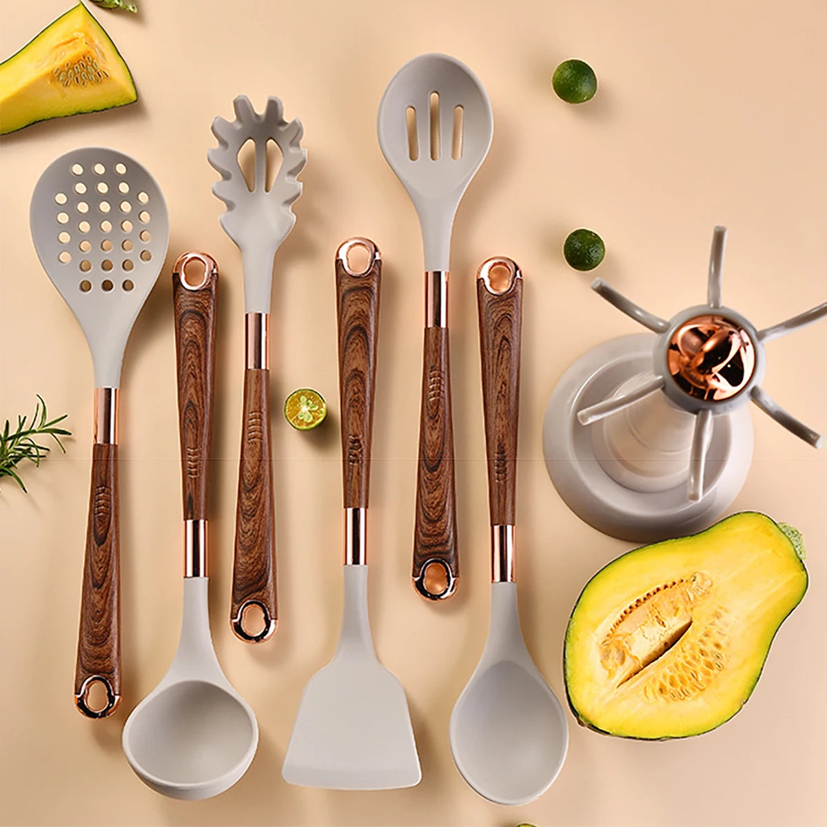 8pcs Silicone Kitchenware Set Pot Shovel Soup Spoon Spaghetti Claw Cooking Set with Storage Rack Household Kitchen Tools Set