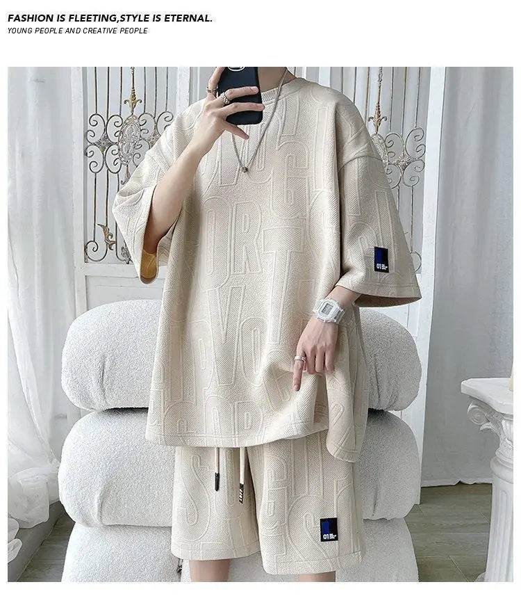 2025 3D Men's new Waffle TZ30 Summer Suit Casual T-shirt + Shorts Suit Men's Tracksuit Solid color tracksuit loose suit - AIAZ