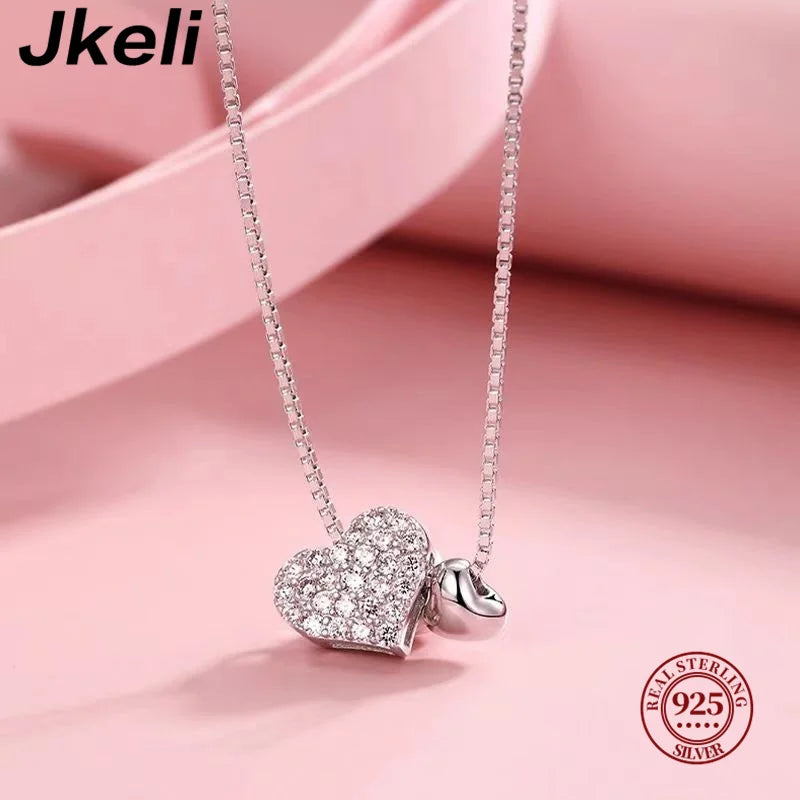 Jkeli 100% 925 Sterling Silver Charm Romantic Love Heart Pendant Box Link Chain Necklace for Women Fashion Wedding Jewelry