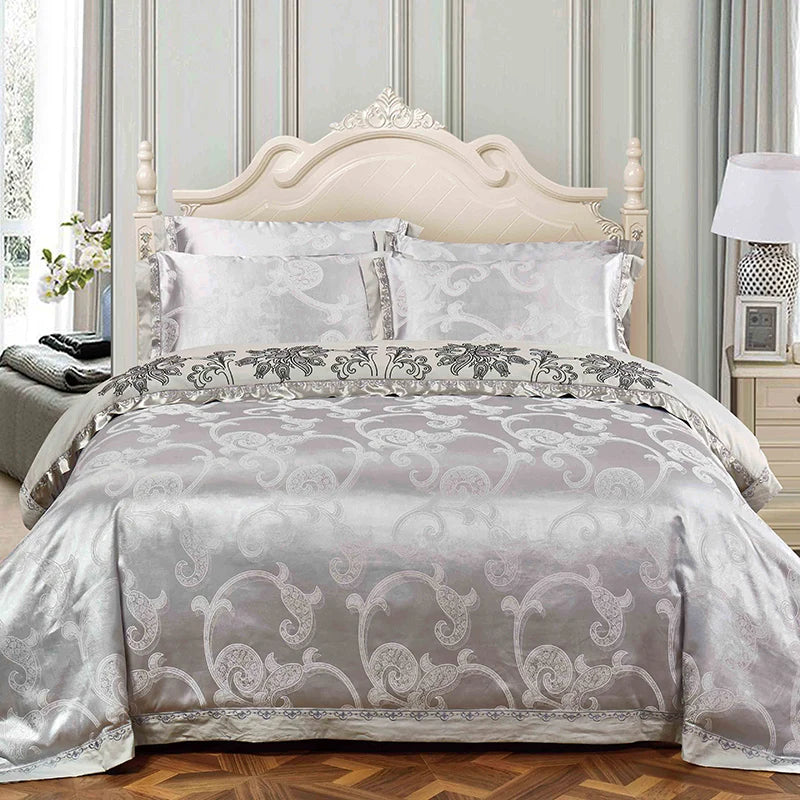 Sliver Gold Luxury Silk Satin Jacquard duvet cover bedding set queen king size Embroidery bed set bed sheet/Fitted sheet set