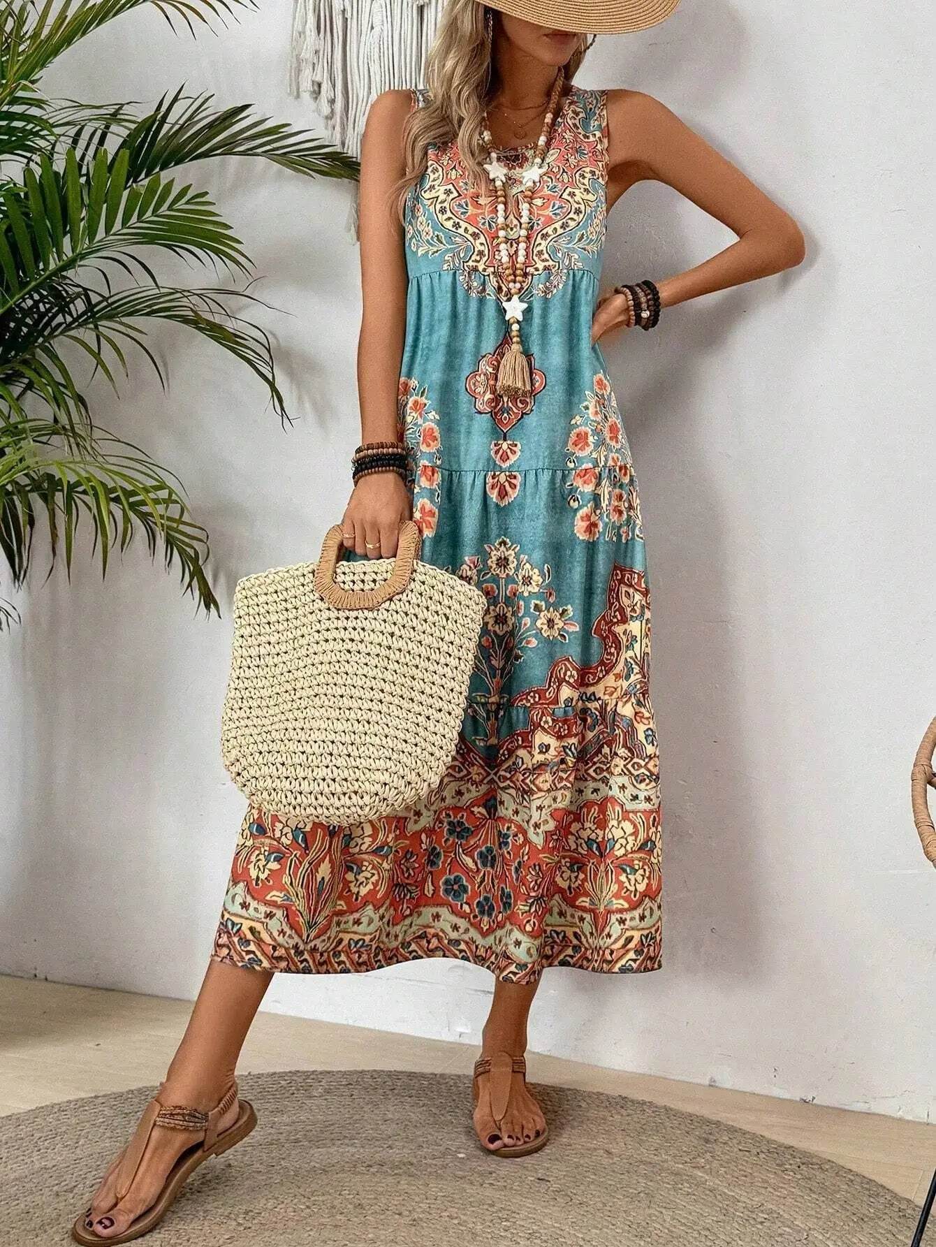 Women Vintage Print Sleeveless O-neck Vest Long Dresses 2025 Summer Fashion New Beach Vacation A-line Dress Woman Loose Dress - AIAZ