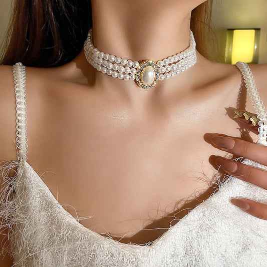 Luxury Vintage Three-layer Imitation Pearl Collar Choker Trendy Fashion Women Choker Necklace Wedding Party Jewelry Accessories