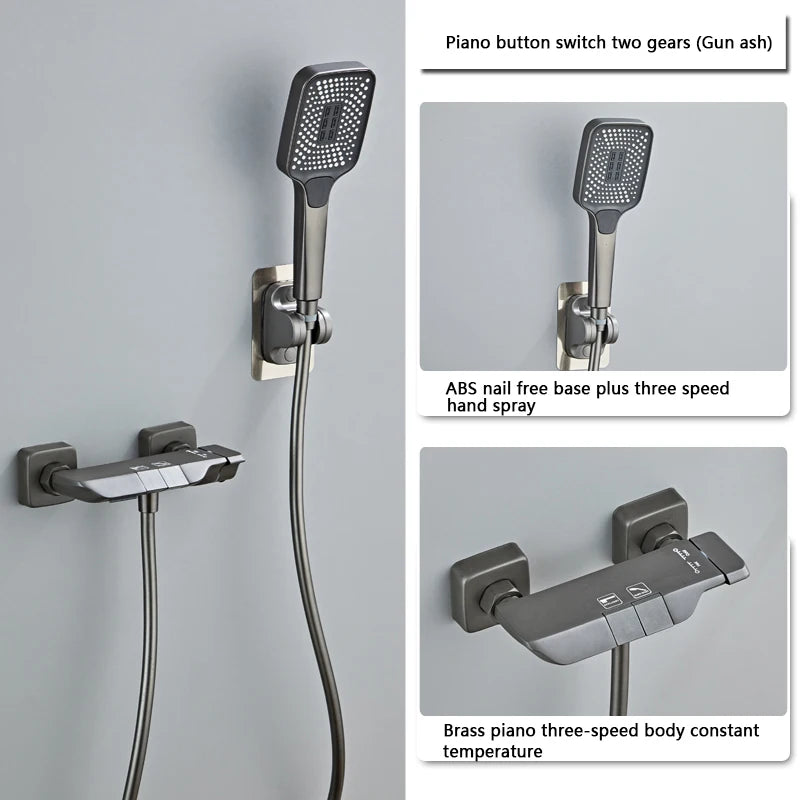 New Design Gun Grey Bathroom Shower System Set Piano Keys Brass LED Digital Shower Faucet Bath Hot and Cold Mixer Shower Tap Set