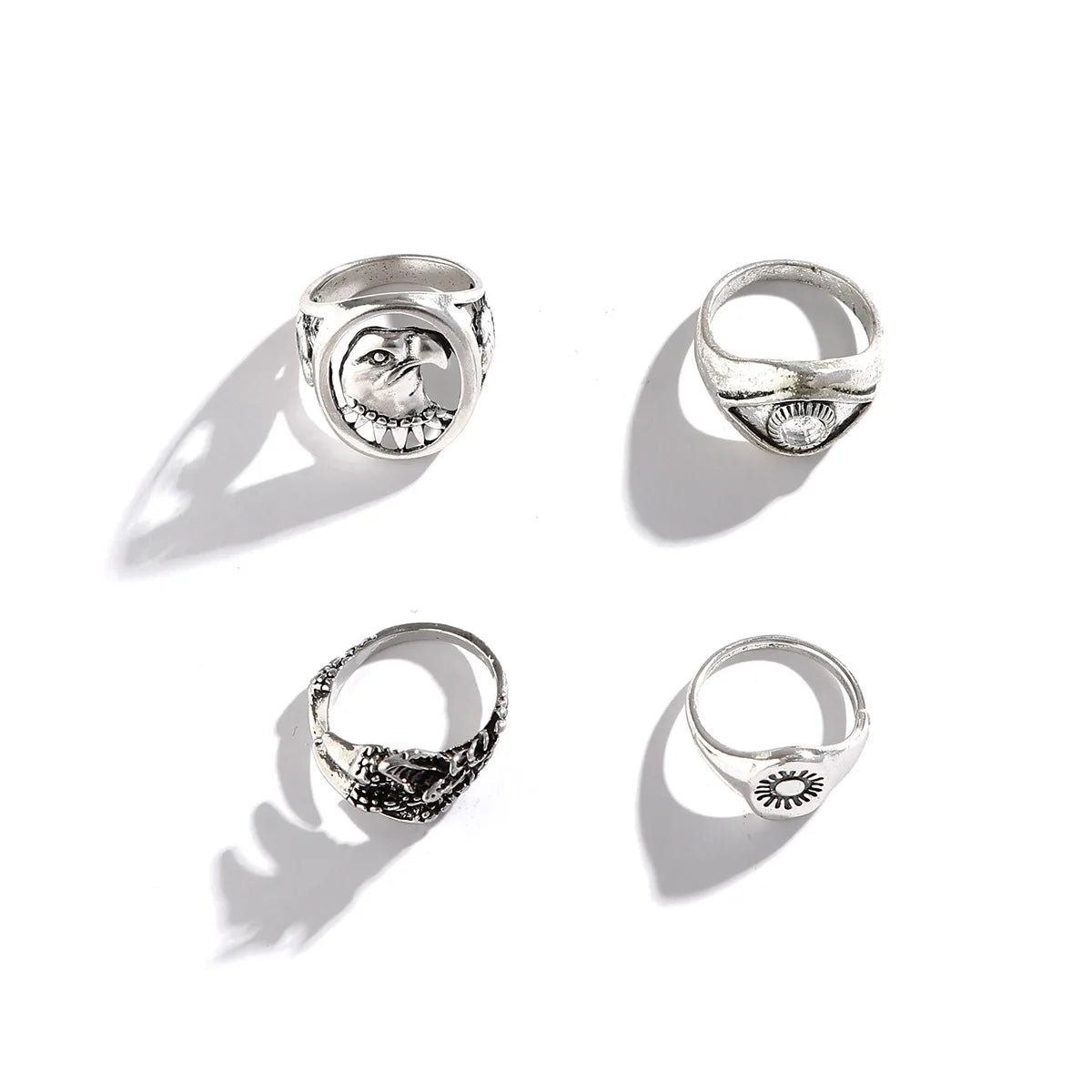 2024 New Tide Individuality Retro Geometric Hollowing Inlay Gem Rings SetLiquid State Metal Four-Piece Rings Set Paty Jewelry