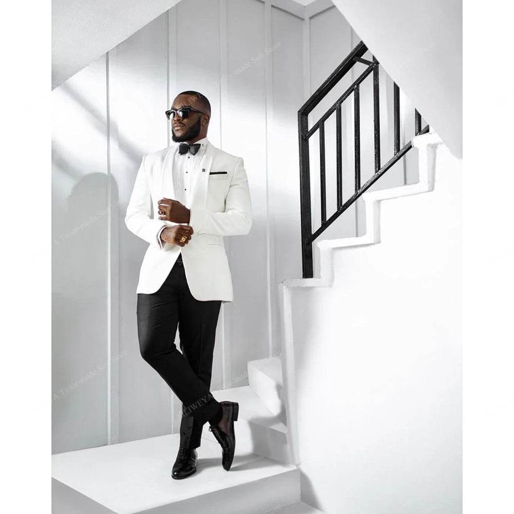 Formal Suits for Men's Wedding Shawl Lapel 2 Pieces White Jacket Black Pants Male Clothing Banquet Business Costume Homme - AIAZ