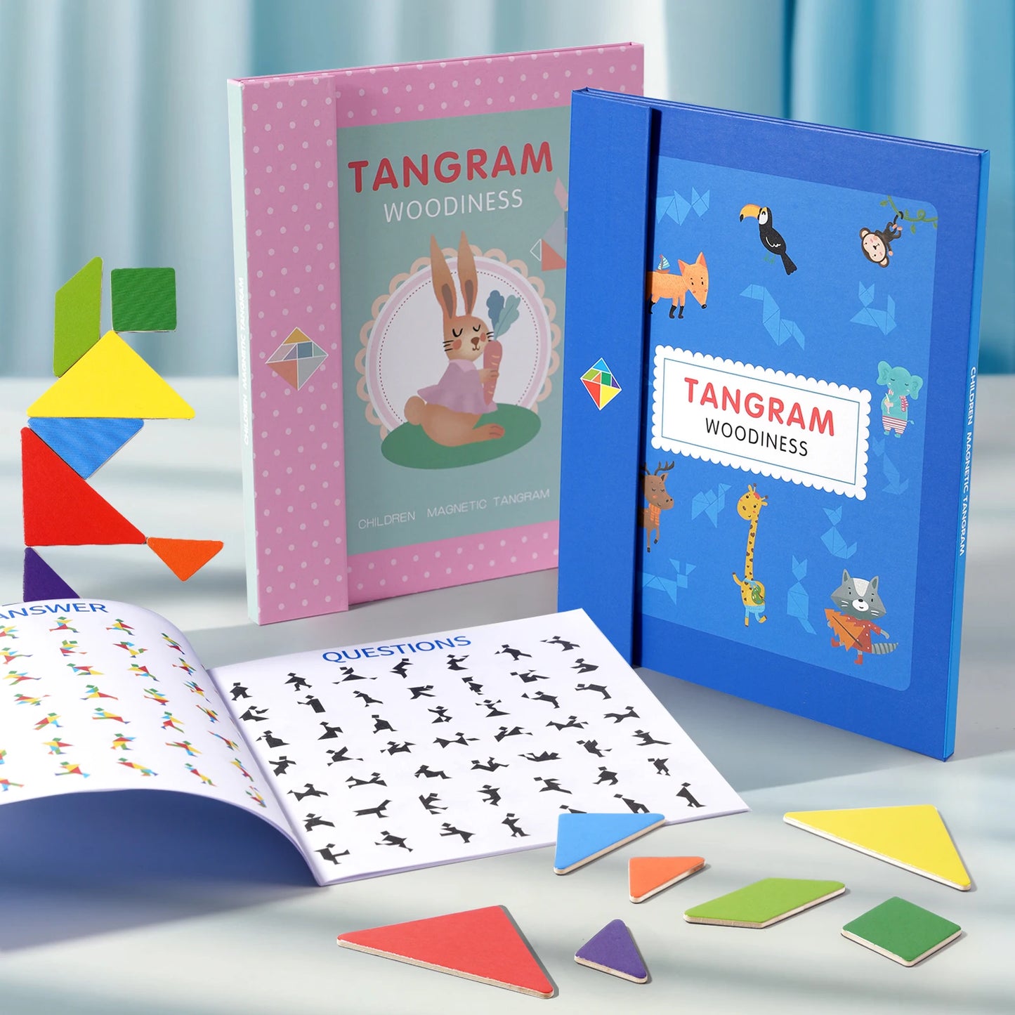 Montessori Wooden Jigsaw Magnetic Tangram Puzzle Book Educational Toys For Kid Learning Logical Game Geometric Shape Block