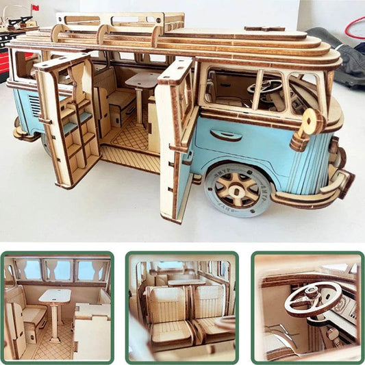 Retro Bus European-style Campervan 3D Wooden Car Puzzle DIY Sailing Ship Airplane Building House Model Jigsaw Toys For Children - AIAZ