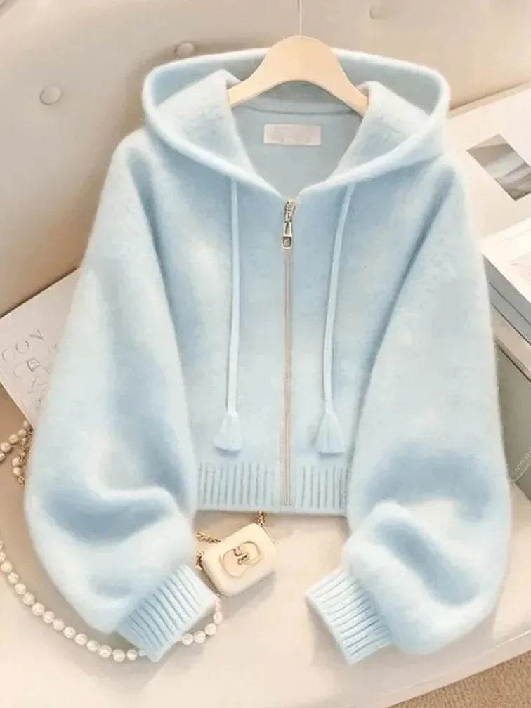 New Soft Blue Cardigan Sweaters Women Long Sleeve Elegant Knitted Jacket Sweet Design Female Casual Hooded Outwear Tops - AIAZ
