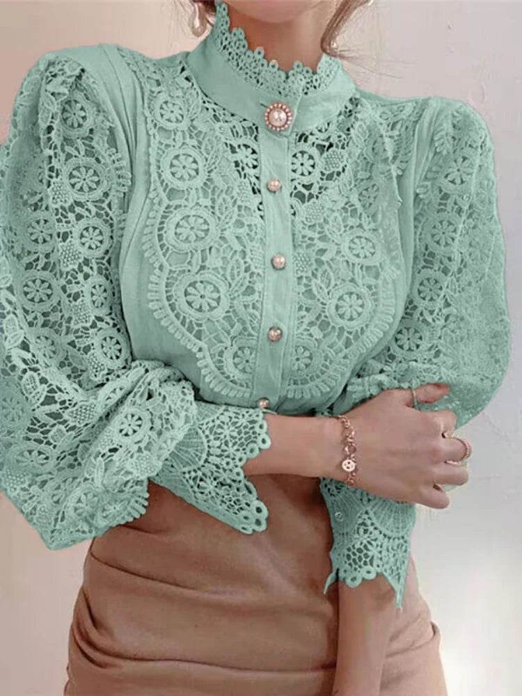Women's Summer Lace Shirt Button White Top Fashionable Casual Top for Spring Autumn4107 - AIAZ