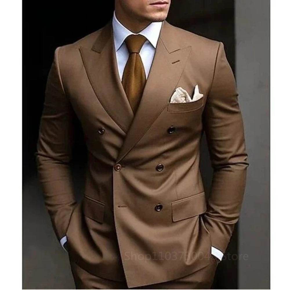 Solid 2 Pieces Men Suits Set Fashion New Men's Formal Business/Wedding Groom Suits Peak Lapel Double Breasted Blazer Trousers - AIAZ