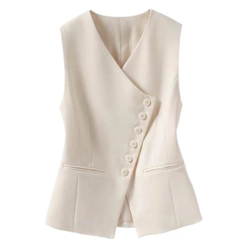 Vest Tops Women Vests V Neck Sleeveless Coats Single Breasted Slim High Waist Coat Y2k Streetwear Elegant Work Off White Jackets - AIAZ